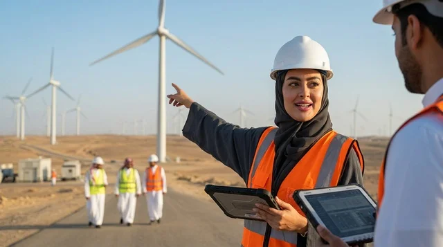 Saudi Female Engineer at Wind Turbine Farm