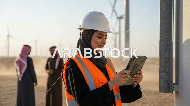 Arab Female Engineer with Tablet at Wind Farm