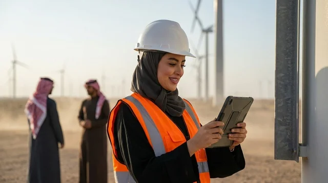 مهندسة عربية تستخدم جهاز لوحي في محطة طاقة الرياح