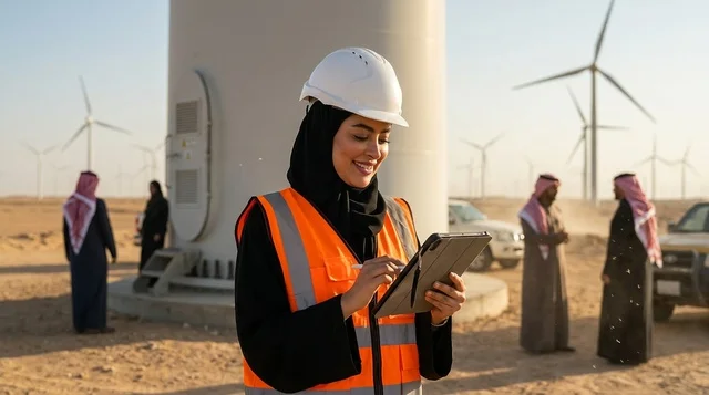 Saudi Female Engineer at Wind Farm with Tablet