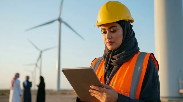 Saudi Female Engineer using Tablet at Wind Turbine Farm