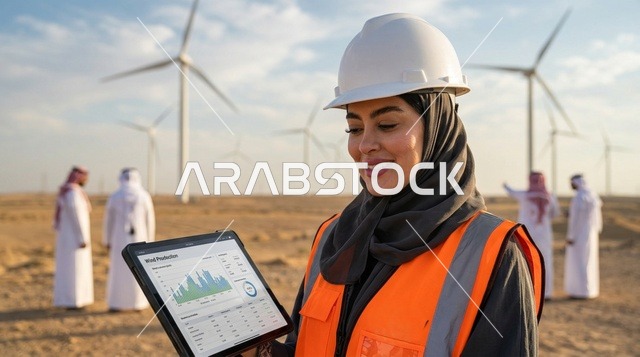 مهندسة سعودية في حقل طاقة الرياح بالصحراء مع جهاز لوحي