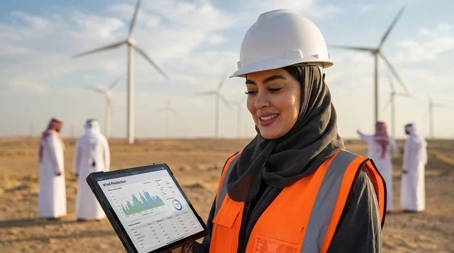 Saudi Female Engineer at Desert Wind Farm with Tablet
