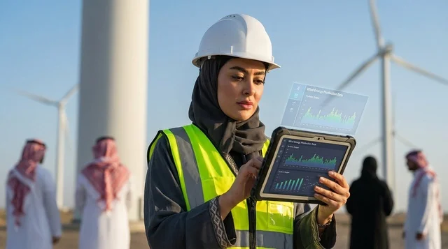 مهندسة سعودية تستخدم جهاز لوحي في محطة طاقة الرياح