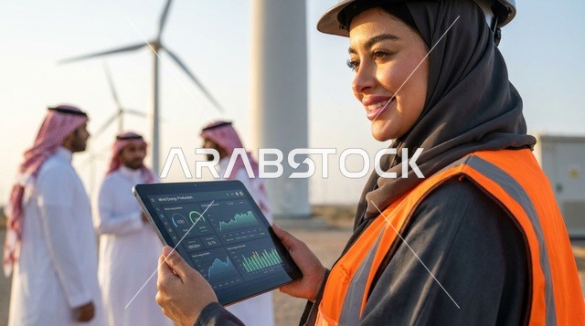 مهندسة سعودية تحمل جهاز لوحي في محطة طاقة رياح