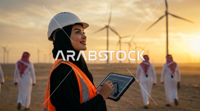 مهندسة سعودية في محطة طاقة الرياح بالصحراء وقت الغروب
