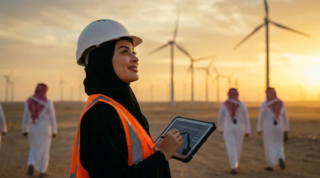مهندسة سعودية في محطة طاقة الرياح بالصحراء وقت الغروب