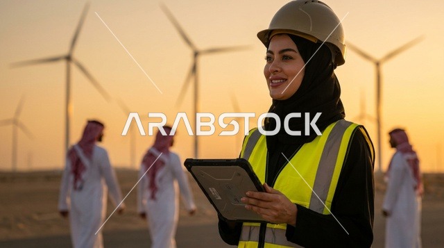 مهندسة سعودية في محطة طاقة الرياح وقت الغروب
