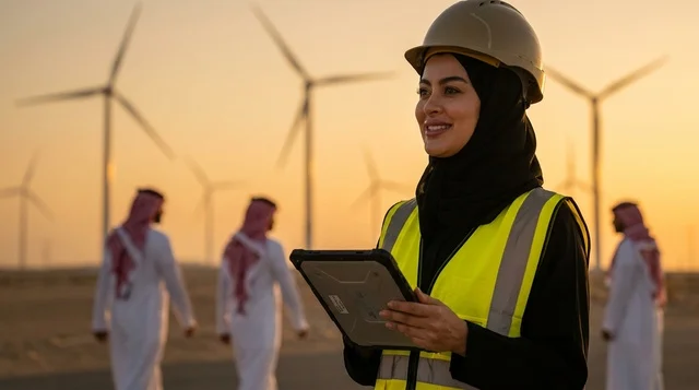 Saudi Female Engineer at Wind Turbine Farm at Sunset