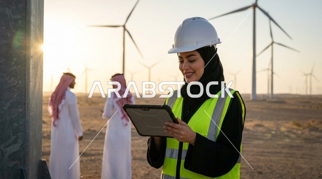 مهندسة سعودية في محطة طاقة الرياح بالزي الرسمي