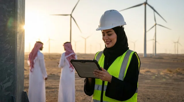 Saudi Female Engineer at Wind Turbine Farm