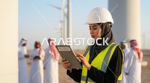 مهندسة سعودية في محطة طاقة الرياح مع جهاز لوحي