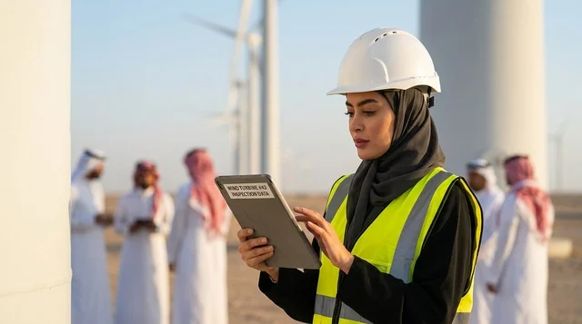 مهندسة سعودية في محطة طاقة الرياح مع جهاز لوحي