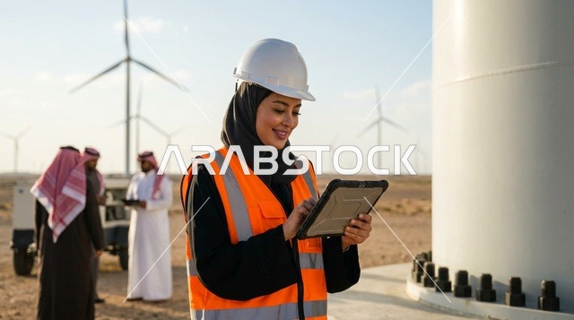 مهندسة سعودية تستخدم الجهاز اللوحي في محطة طاقة الرياح