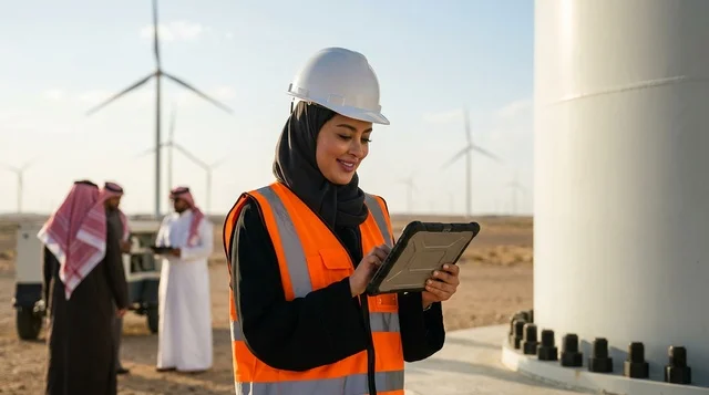 Saudi Female Engineer with Tablet at Wind Turbine Farm