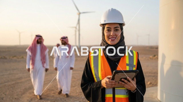 Saudi Female Engineer with Tablet at Wind Turbine Farm