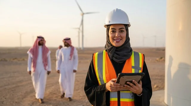 مهندسة سعودية تحمل جهازا لوحيا في محطة طاقة الرياح