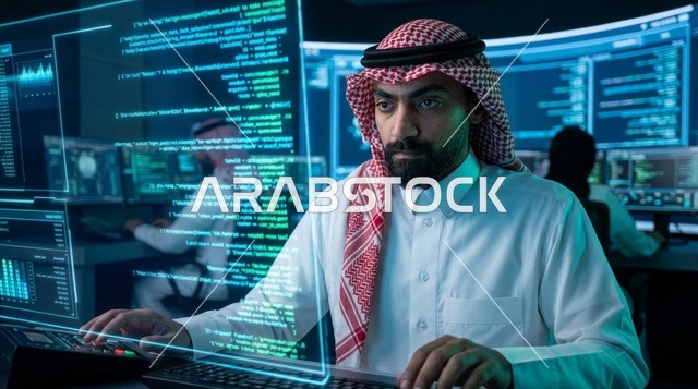 Saudi Programmer in Thobe Working on Cyber Security