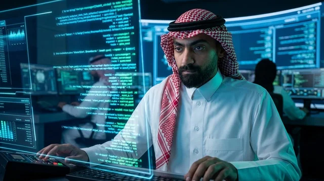 Saudi Programmer in Thobe Working on Cyber Security