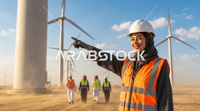 مهندسة سعودية تشير إلى توربينات الرياح في الصحراء