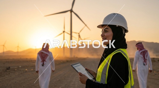مهندسة سعودية في محطة طاقة الرياح عند الغروب