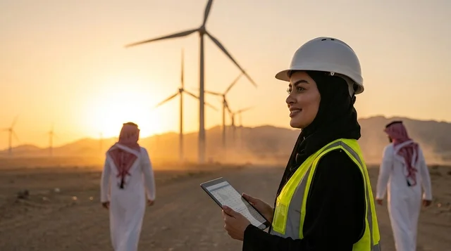 مهندسة سعودية في محطة طاقة الرياح عند الغروب