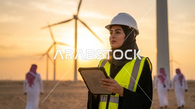 Saudi Female Engineer at Wind Turbine Farm at Sunset