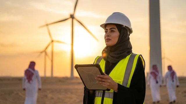 Saudi Female Engineer at Wind Turbine Farm at Sunset