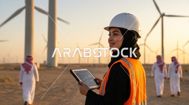مهندسة سعودية في مشروع طاقة الرياح بالصحراء مع جهاز لوحي