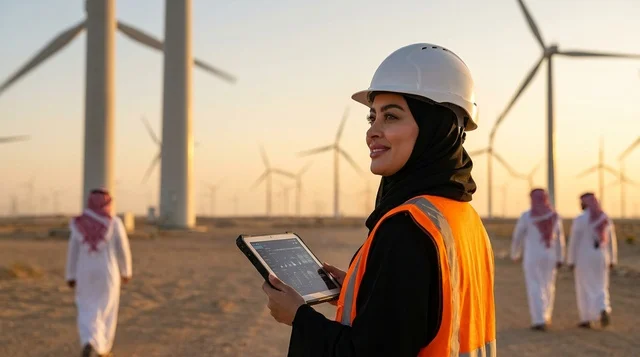 مهندسة سعودية في مشروع طاقة الرياح بالصحراء مع جهاز لوحي