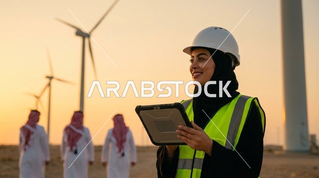 مهندسة سعودية في محطة طاقة الرياح وقت الغروب
