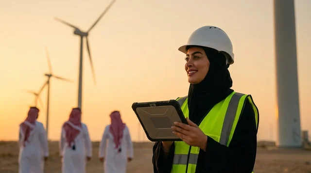 Saudi Female Engineer at Desert Wind Farm at Sunset