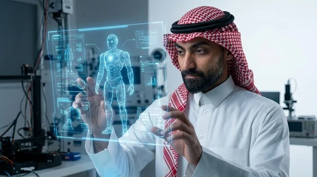 Saudi Engineer Using Holographic Interface in Lab