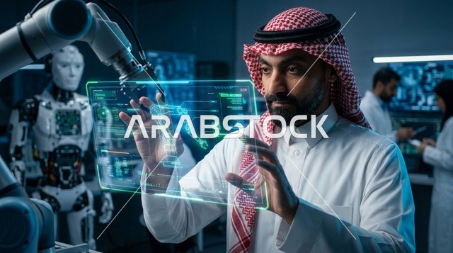مهندس سعودي يتحكم في شاشة هولوجرام في مختبر روبوتات