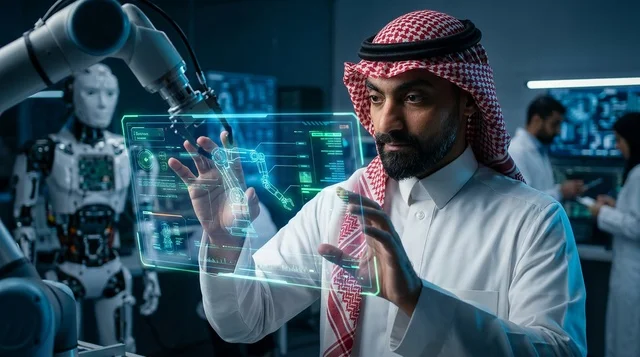 Saudi Engineer Controlling Hologram in Robotics Lab