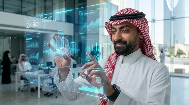 Saudi Businessman Interacting with Holographic Display