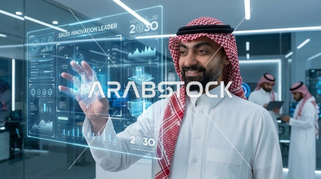 رائد الابتكار السعودي يتفاعل مع شاشة هولوغرام ذكية