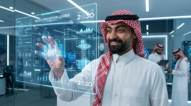 رائد الابتكار السعودي يتفاعل مع شاشة هولوغرام ذكية