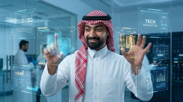 رجل أعمال سعودي يتفاعل مع شاشات هولوغرام تقنية