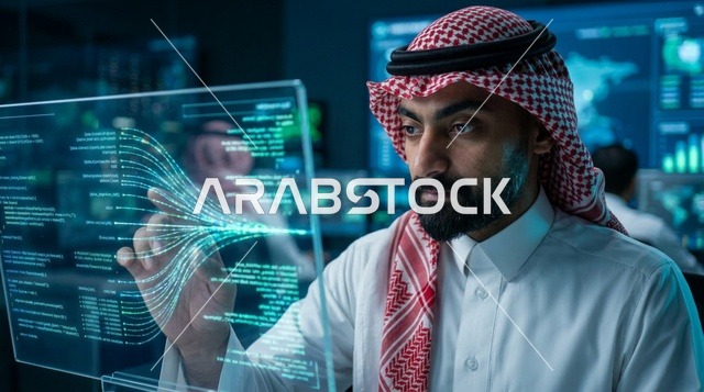 مهندس سعودي يتفاعل مع شاشة هولوجرام رقمية مستقبلية