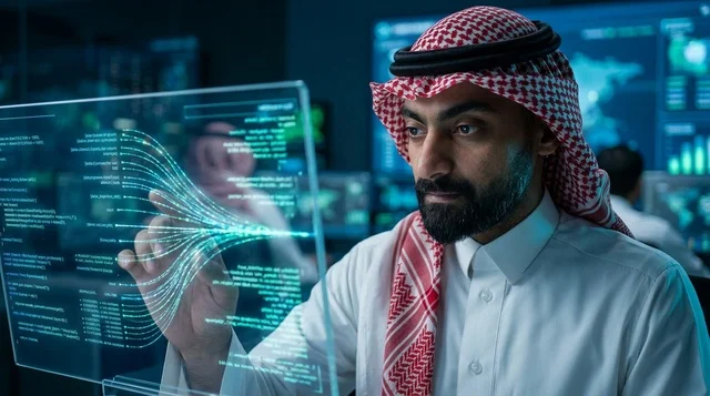 مهندس سعودي يتفاعل مع شاشة هولوجرام رقمية مستقبلية