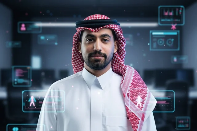 Saudi Businessman in Tech Office with Hologram Screen