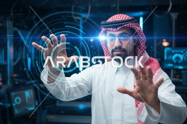 رجل سعودي يرتدي الشماغ يتفاعل مع شاشة هولوغرام ذكية
