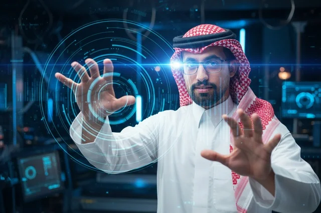 رجل سعودي يرتدي الشماغ يتفاعل مع شاشة هولوغرام ذكية