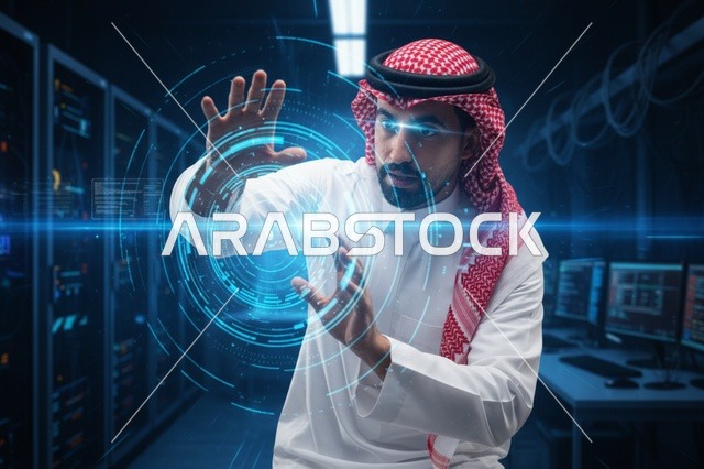 مهندس سعودي يتفاعل مع هولوجرام في غرفة الخوادم