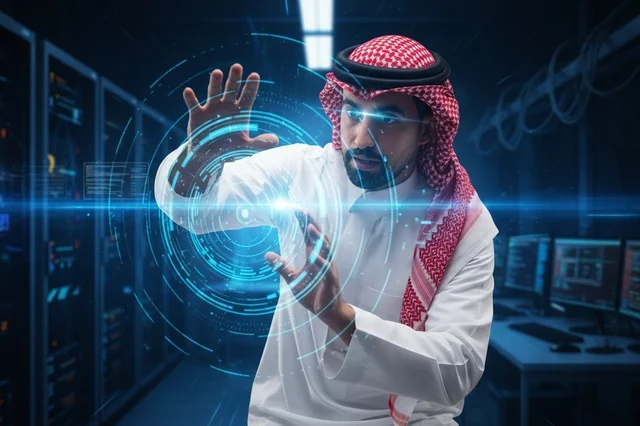 مهندس سعودي يتفاعل مع هولوجرام في غرفة الخوادم