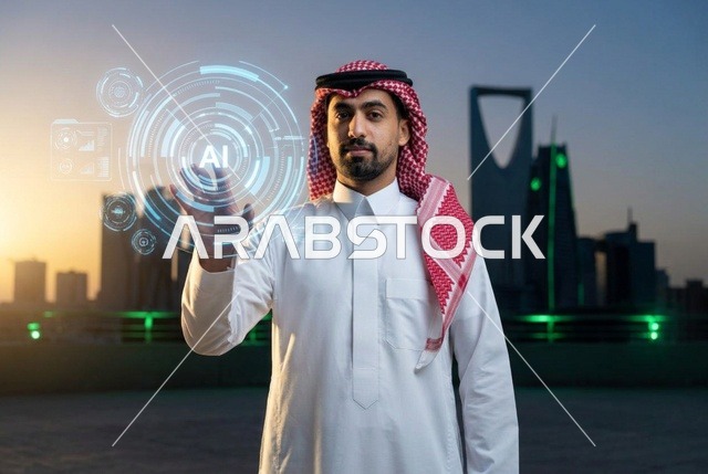 رجل سعودي في الرياض يتفاعل مع هولوغرام الذكاء الاصطناعي