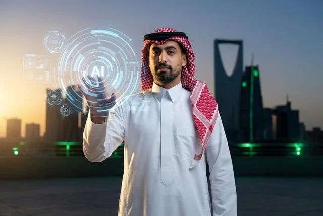 رجل سعودي في الرياض يتفاعل مع هولوغرام الذكاء الاصطناعي
