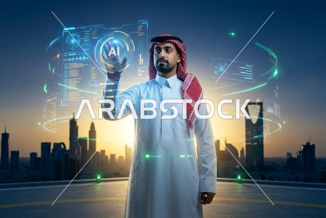 رجل سعودي في الرياض يتفاعل مع شاشة ذكاء اصطناعي