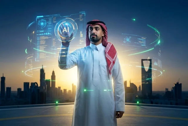 Saudi Man in Riyadh with Futuristic AI Hologram Screen